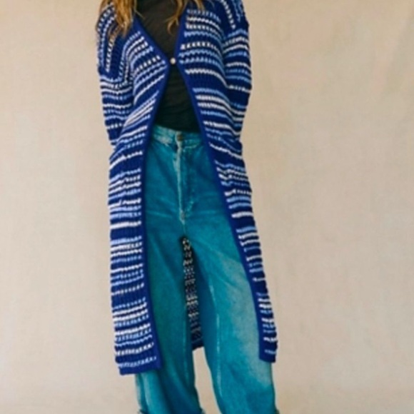 Free People Blue and White Striped Cardigan Sweater - Picture 1 of 2